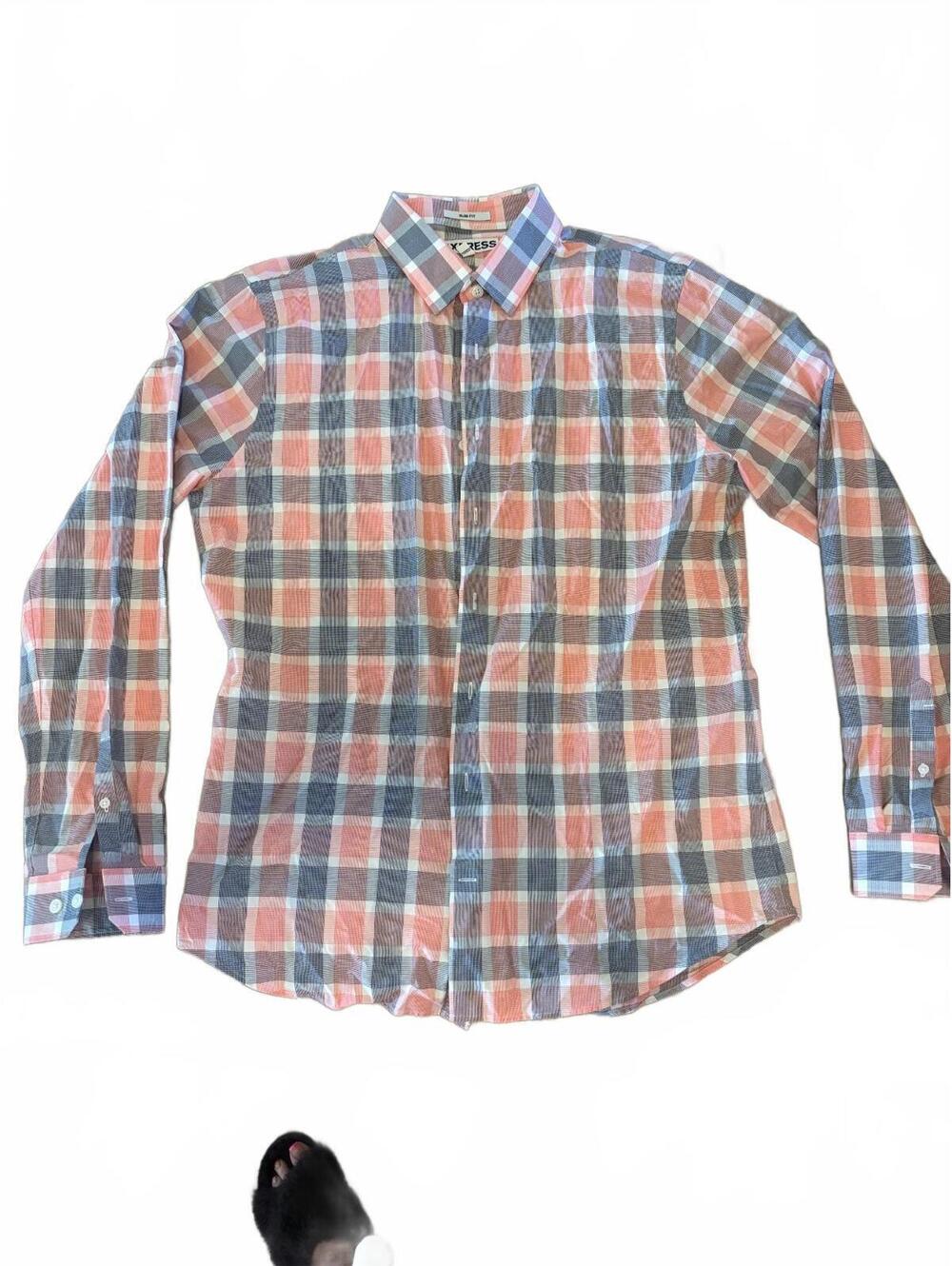 Express Slim Fit Plaid Button Down Shirt Men’s Large Pink Blue Cotton